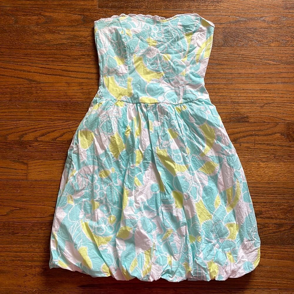 Ruby Rox Bright Blue, Pale Green/Yellow & White Abstract Floral Strapless Dress